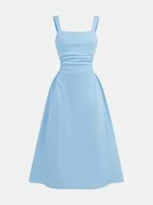 SHEIN Tween Girl's gebreide effen kleur vierkante hals gerimpelde casual elegante brede band mid-lengte jurk