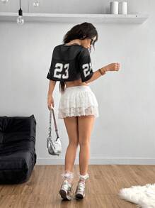 SHEIN EZwear 女士春夏日常穿着 Y2K 外出蕾丝花卉图案白色短裙 - 白色 - 查看 6