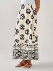 Florisole Women's Vintage Totem Pattern Printed Elastic Waist A-Line Skirt, Summer Fall Cloth For Women - Apricot - View 3