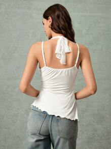 Poéselle Women's Vest 2 In 1 Lace Stitching Halter Neck Vest Asymmetrical Hem Cute Vest Romantic Wedding Vest White Vest Women's Solid Color Contrast Lace Fitted Camisole Summer Tops