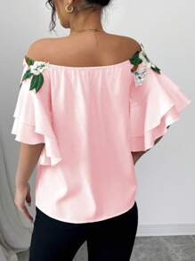 Calvaya Blusa casual sexy da donna con spalle scoperte e decorazione floreale 3D