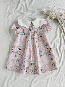 Vintaside Kids Vestido mini lindo con decoración de conejo, manga abullonada corta y bordado floral para niña joven - Rosa - Ver 2