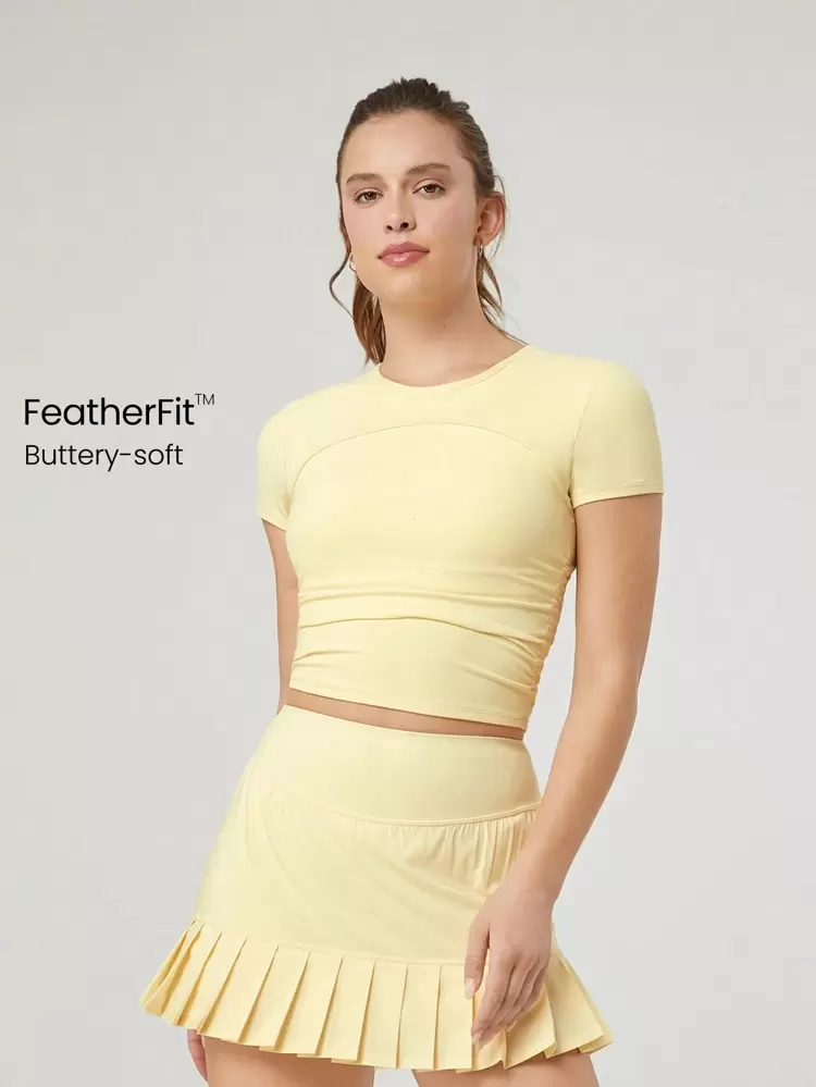 FeatherFit™ Focus Drawstring Pleated Short Sleeve Tee Light Support Low Impact Yoga Pilates Studio Gym