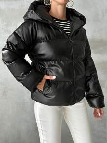 EURMUSE Zip Up Hooded Puffer Coat - Black - View 3