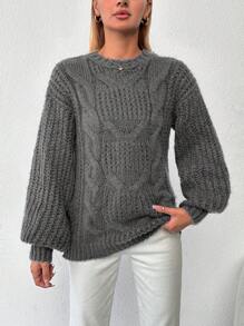 EURMUSE Women's Solid Color Lantern Sleeve Sweater - Brown - View 4