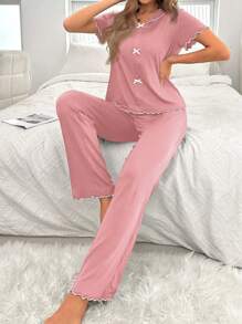 Bow Decor Contrast Color Women Sleepwear Set Bowknot - Pink - View 5