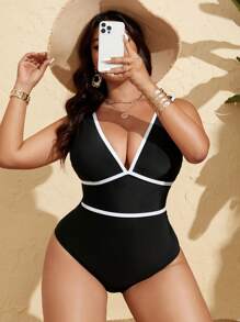 Swim Lushoire 大码女式拼色无袖连体休闲时尚泳衣，适合海滩、度假和泳池 - 黑與白 - 查看 4