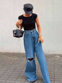 Strévra Maglietta basic da donna senza maniche, aderente, nera, casual