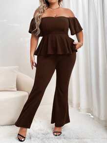 SHEIN Privé 大码纯色露肩荷叶边短袖上衣和长裤 2 件套 - 棕色 - 查看 4