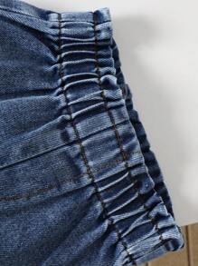 SHEIN Elladie kids 2 件套女婴春夏休闲风格，蝴蝶结装饰，短袖上衣和短牛仔裤 - 杏色 - 查看 6