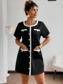 Flirla Robe mini ajustée à col rond, à décorations de fausses poches et boutons devant, manches courtes, style élégant et minimaliste pour femmes grandes tailles, printemps et été