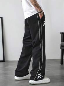 Manfinity EMRG 男士字母印花抽绳阔腿裤，运动裤，宽松直筒款式，夏季送给老公和男友的礼物，美国街头风 - 黑色 - 查看 2