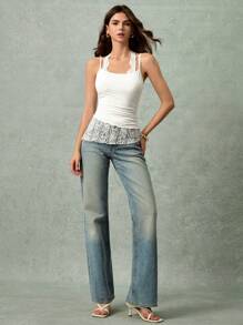 Poéselle Women's Vest 2 In 1 Lace Stitching Halter Neck Vest Asymmetrical Hem Cute Vest Romantic Wedding Vest White Vest Women's Solid Color Contrast Lace Fitted Camisole Summer Tops