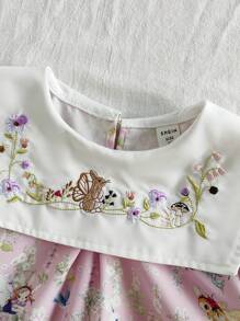 Vintaside Kids Vestido mini lindo con decoración de conejo, manga abullonada corta y bordado floral para niña joven - Rosa - Ver 5