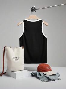 SHEIN Forever 21 Men's Black And White Contrasting Letters Embroidered Black Muscle Top Summer Cool/Summer Vacation/Leisure/Tight - Black and White - View 2