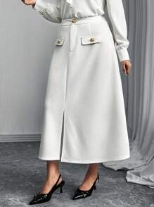 Plus Size Women Elegant White Skirt With Side Slit - White - View 3