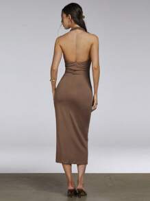 Athîral Damen sexy rückenfrei langer figurbetont Kleid Einfarbig mit Halter