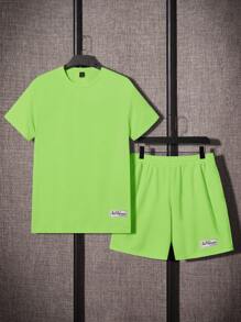 SHEIN 2pcs/Set Setelan Atasan Lengan Pendek dan Celana Pendek Kasual Longgar Nyaman untuk Remaja Laki-laki dengan Dekorasi Logo, Cocok untuk Musim Semi/Panas - Hijau - View 3