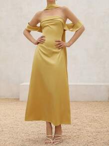 Aveloria 2025 春夏新款优雅法式女神淑女长裙，心形领口，腰部突出设计搭配长围巾，适合婚礼、派对活动 - 黃色 - 查看 2