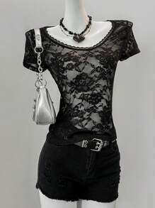 SHEIN EZwear Blusa negra de encaje con cuello redondo y mangas cortas ajustada para mujer