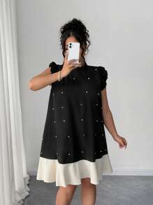 Elenzga Plus Size Fashionable Casual Colorblock Ruffled Pearl Trim Midi Dress - Black - View 3