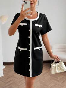 Flirla Robe mini ajustée à col rond, à décorations de fausses poches et boutons devant, manches courtes, style élégant et minimaliste pour femmes grandes tailles, printemps et été