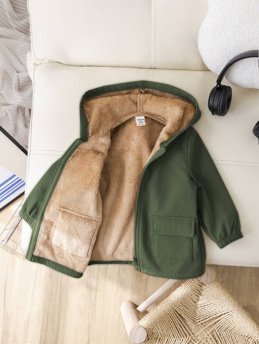 SHEIN Leap Crew 男婴工装绿色夹克，绗缝衬里保暖连帽外套，带口袋，适合室内、室外和雪地穿着，适合日常休闲穿着 - 軍綠色 - 查看 1