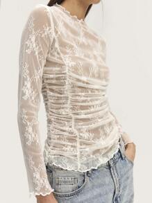 Nöista Soft White Lace Long-Sleeve Top With A Mid-Turtleneck, Side Ruching, And Baby Overlock Finish. Perfect For Summer, Graduation Parties, Easter, Or Everyday Wear. - White - View 3