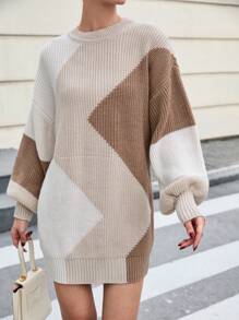 SHEIN Cottnline كنزة صوفية بأكمام طويلة ذات رقبة دائرية بنمط هندسي متعدد الألوان - متعدد الألوان - مشاهدة 6