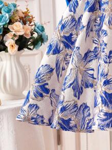 Young Girl Elegant Party Jacquard Splice Puff Sleeve Bow Decor Formal Dress