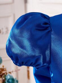 Young Girl Elegant Party Jacquard Splice Puff Sleeve Bow Decor Formal Dress