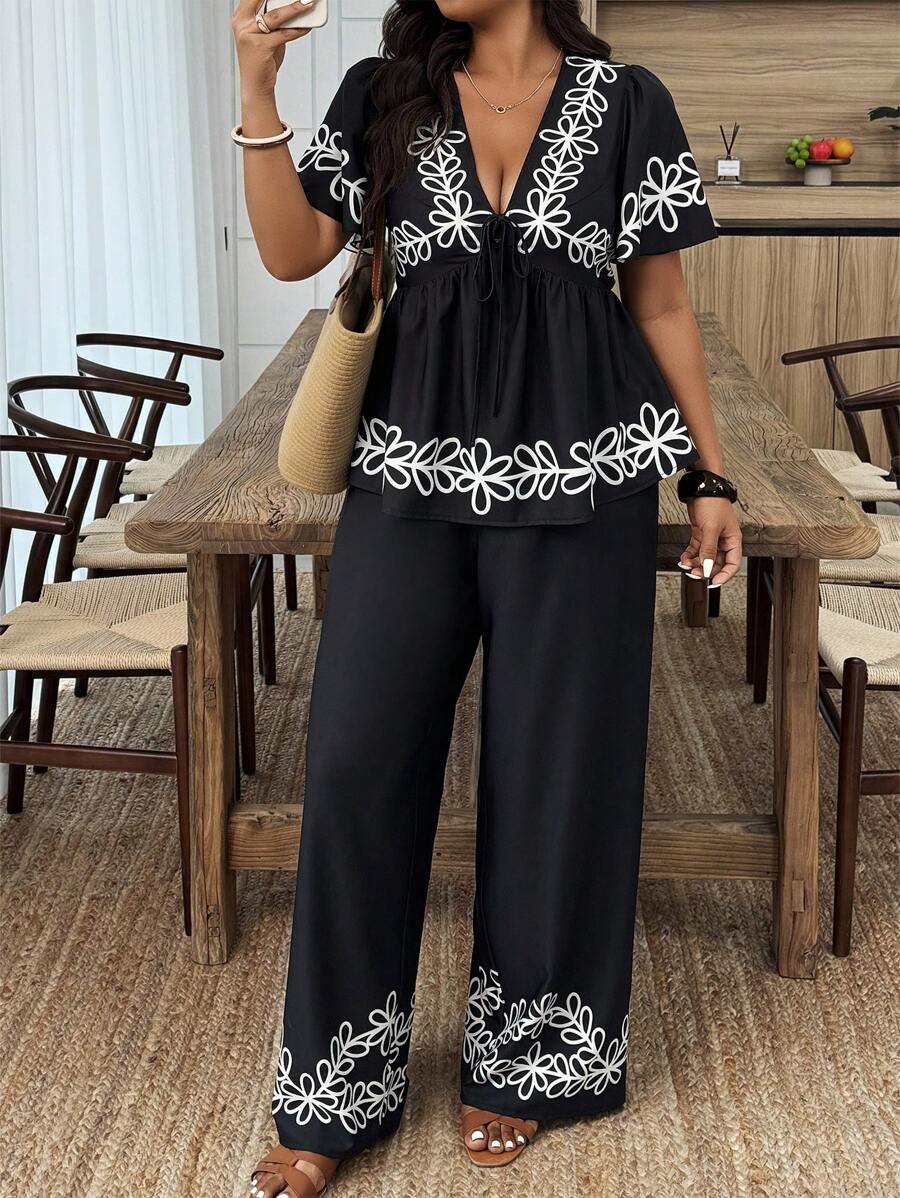 Weeklong Plus Size Women Vacation Floral Print Ruffle Hem Short Sleeve Shirt & Pants Casual Suit - Black - View 1