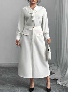 Plus Size Women Elegant White Skirt With Side Slit - White - View 4