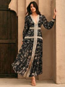 Anewsta Elegant French Lace & Pearl Decor Flowy Long Sleeve Dress For Ladies, Suitable For Spring, Date Night - Black - View 2