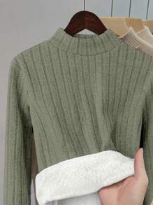 INAWLY 加厚羊毛女式修身纯色立领长袖 T 恤 - 軍綠色 - 查看 3