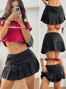 SHEIN EZwear 女士夏季街头服饰 Y2K 商务休闲西部音乐会复活节返校节外出复古学院风条纹低腰百褶裙，优雅 - 黑色 - 查看 1