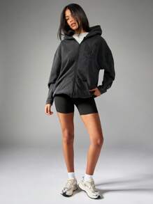MISSGUIDED PLUS Plus Size Full Zip Hooded Sweatshirt Winter Fleece Athletic Workout Activewear Relaxed Fit Fall Essential With Pockets - Black - View 3