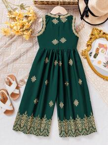年轻女孩花饰花卉印花圆领无袖阔腿连体裤 - 墨綠色 - 查看 2