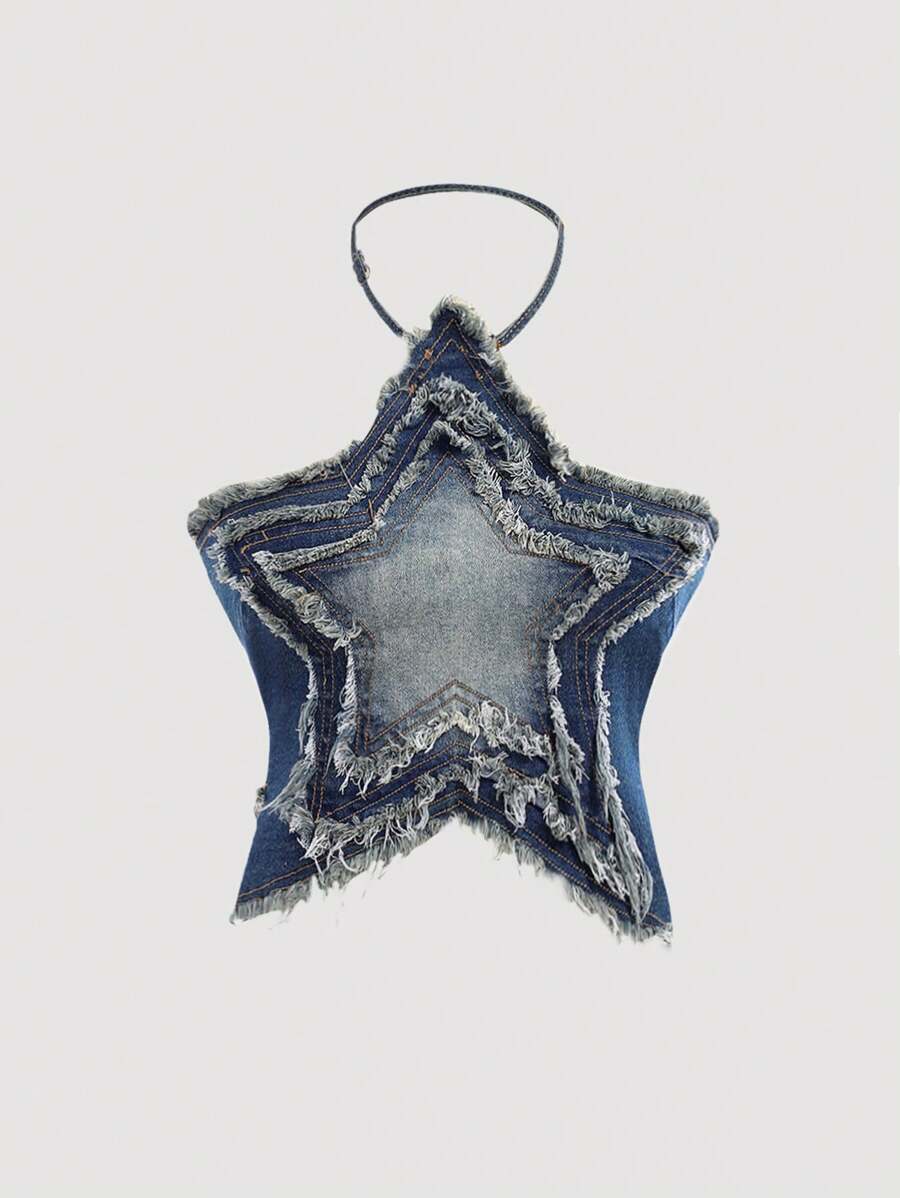 SHEIN Teen Girls' Grunge Punk Y2K Vintage Distressed Punk & Adventure Five-Pointed Star Patch Denim Top,Girls Spring Summer Beach Boho Concert Rave Festival Outfits