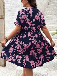 Breezaya Plus Size Casual Batwing Sleeve Allover Print Dress - Navy Blue - View 2