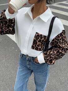 Siren Gaze 女士豹纹拼布长袖休闲衬衫，复古简约女士衬衫，街头风格豹纹衬衫 - 彩色 - 查看 3
