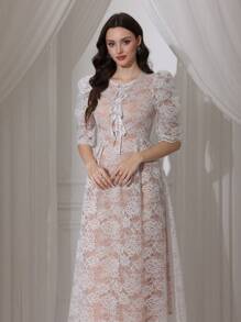 Modelyn Vestido elegante con cuello redondo, lazo frontal y decoración de encaje, de moda para primavera/verano