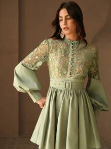 Anewsta Đầm ngắn tay peplum cổ chữ V thanh lịch phối ren chắp vá cho nữ, thích hợp cho lễ hội, kỳ nghỉ, ngày lễ, mùa xuân - màu xanh lá - Xem 4