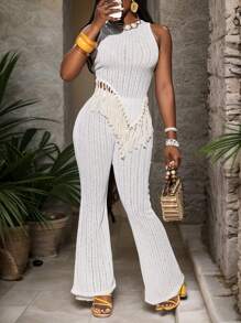 Slaydiva Bohemian Fringe Hem Tank Top & Flare Leg Pants Women Summer Beach Casual Set - B - White - View 1