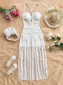 Soleia 女士白色蕾丝钩编交叉后背连衣裙，度假装