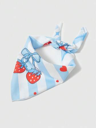 Kawaii 1 pièce Petit foulard de cou à motif de nœud rayé bleu, fraise en forme de cœur, accessoire de sac polyvalent et mignon, mouchoir créatif multifonction