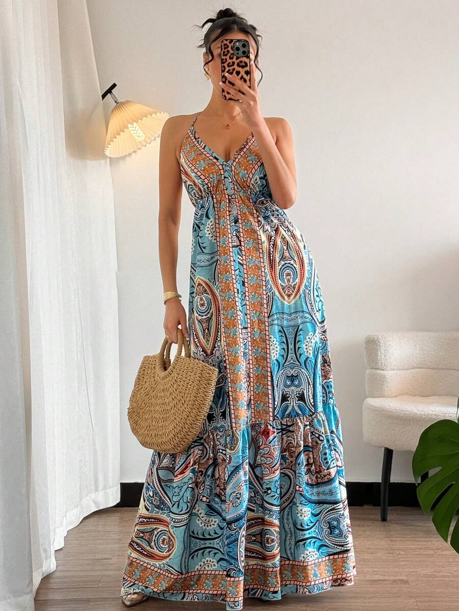 SHEIN Holidaya 波西米亚甜美系带露背收腰印花连衣裙，春季 - 彩色 - 查看 1