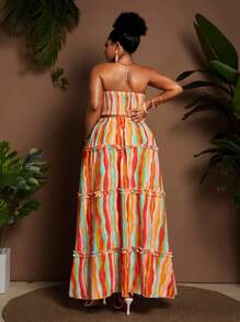 Maweii Plus Size Vacation Multicolor Striped Strapless Crop Top And Skirt Set