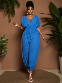 Maweii Plus Size Women's Vacation Style Blue V-Neck Ruched Harem Jumpsuits - Blue - View 3