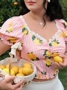 SHEIN MOD قميص بأكمام منتفخة بطباعة عتيقة مقاس كبير، مناسب للمواعيد والكاجوال وارتداء في الأعياد، موسم الربيع والصيف - متعدد الألوان - مشاهدة 5